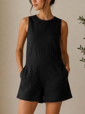 Vince Black Linen Blend Sleeveless Romper Size 4 | Wide Leg Minimalist Pockets